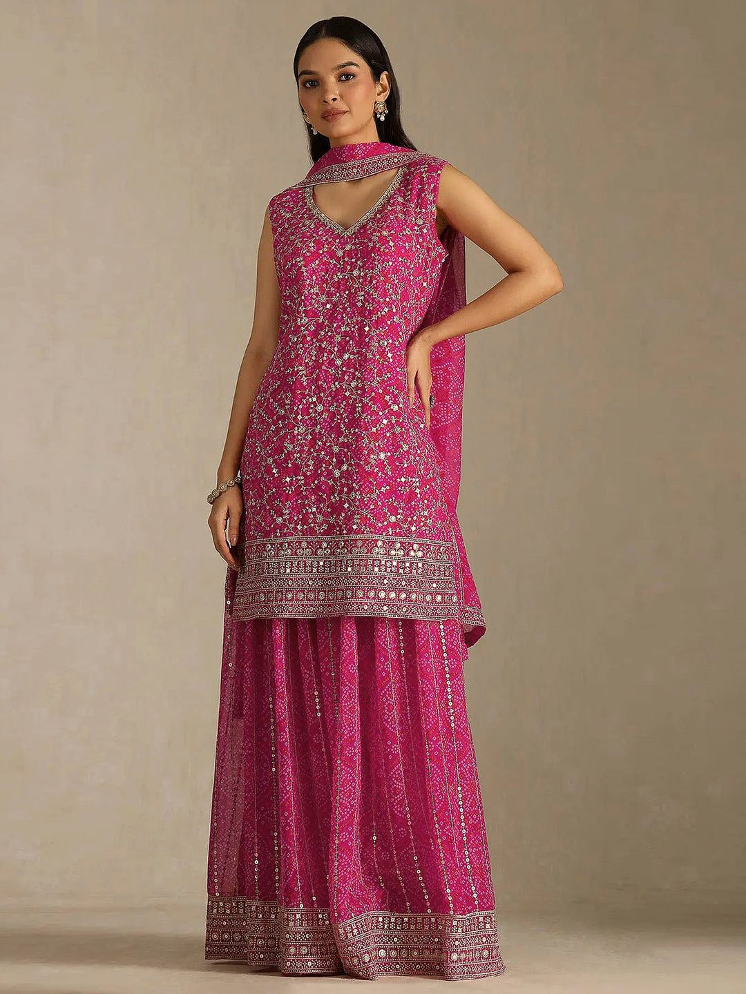 Rani Georgette Embroidered Semi Stitched Straight Kurta With Flared Sharara &amp; Dupatta