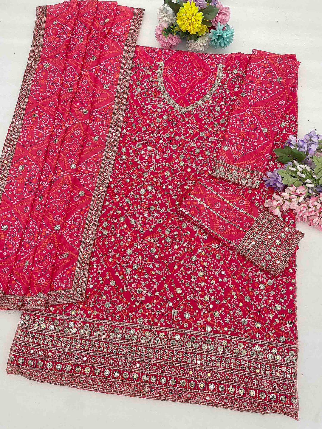 Rani Georgette Embroidered Semi Stitched Straight Kurta With Flared Sharara &amp; Dupatta