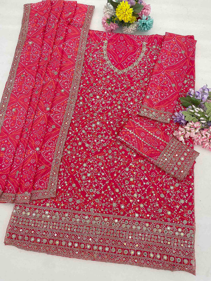 Rani Georgette Embroidered Semi Stitched Straight Kurta With Flared Sharara &amp; Dupatta