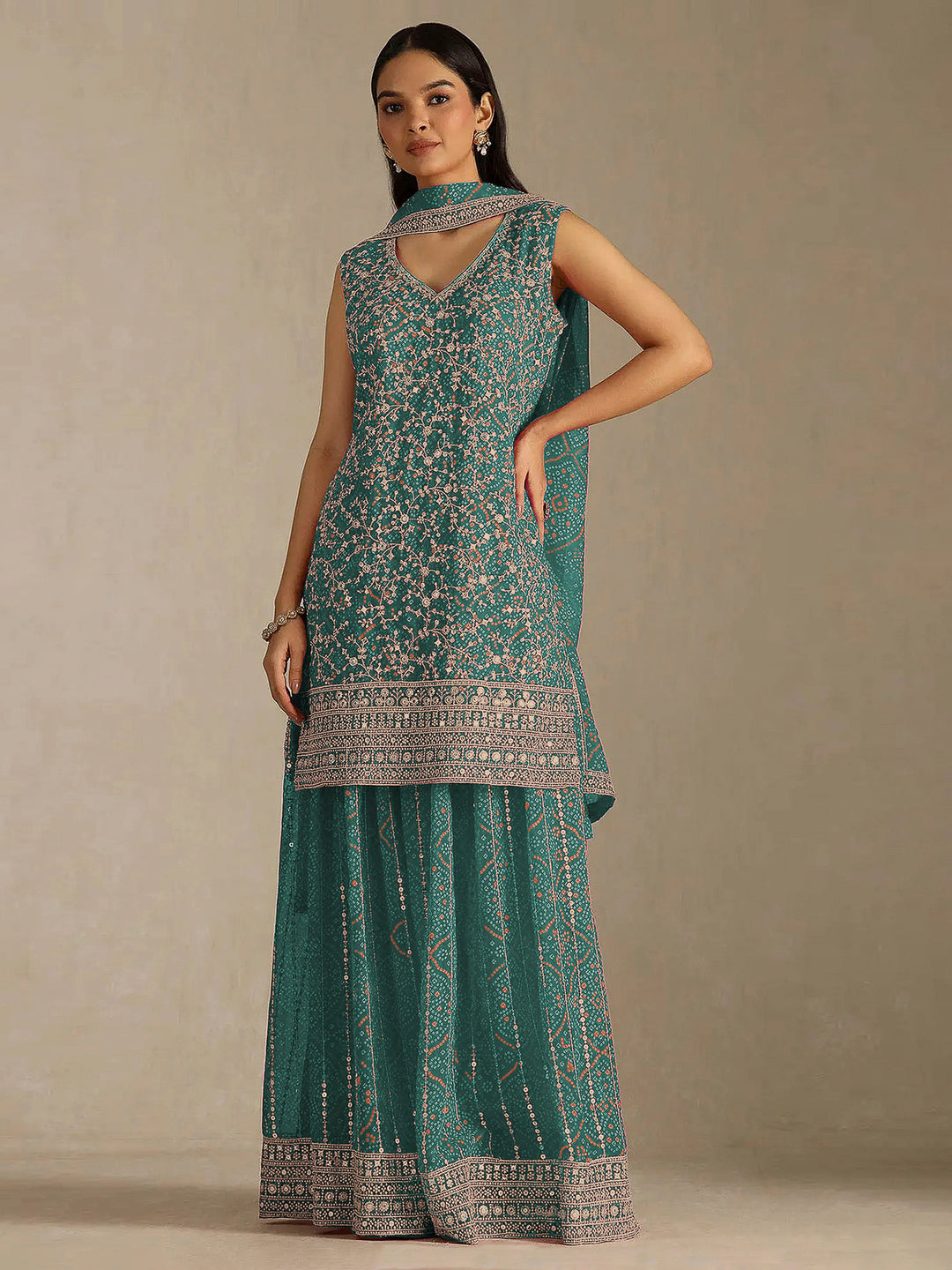 Sea Green Georgette Embroidered Semi Stitched Straight Kurta With Flared Sharara &amp; Dupatta