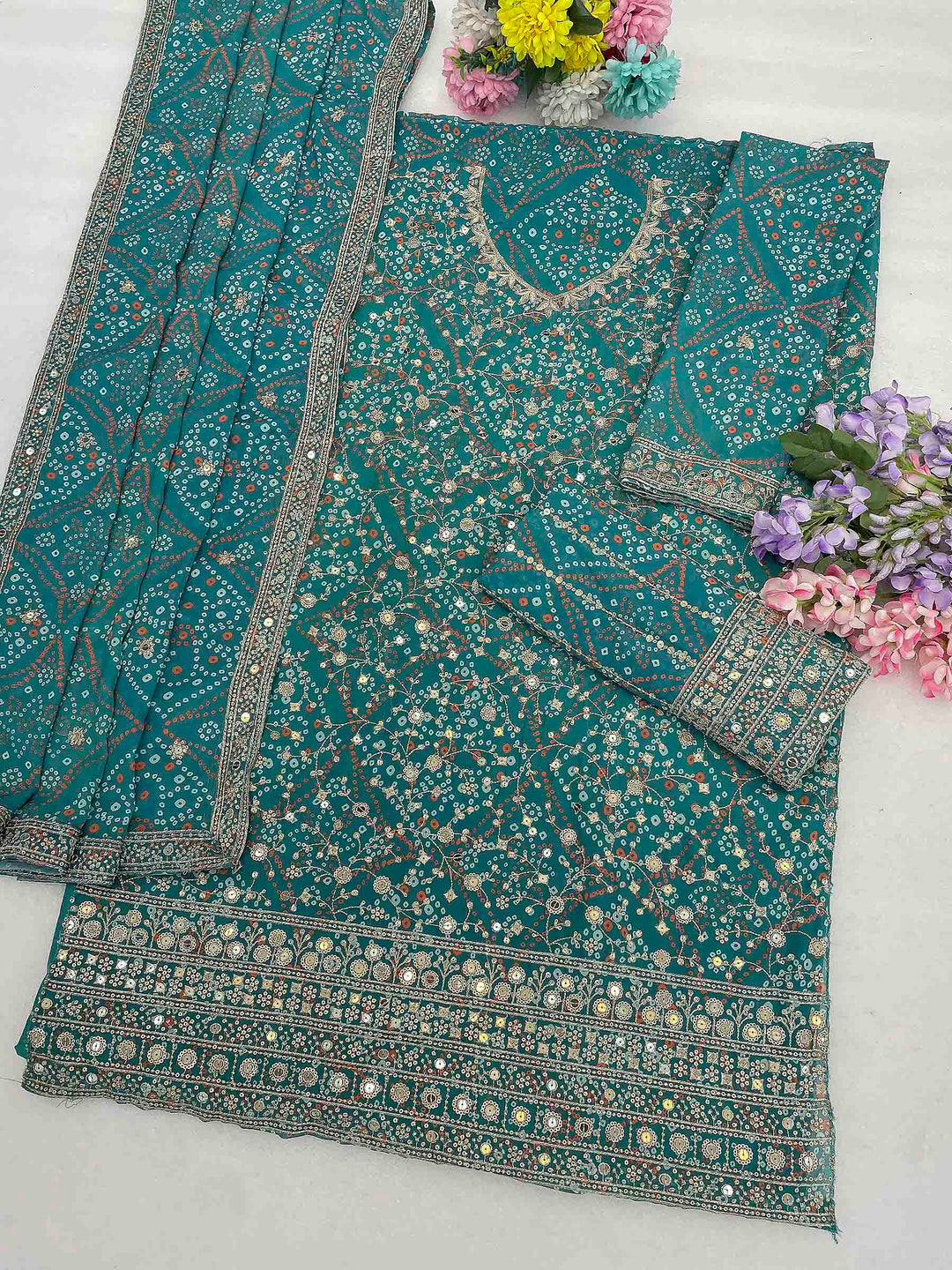 Sea Green Georgette Embroidered Semi Stitched Straight Kurta With Flared Sharara &amp; Dupatta