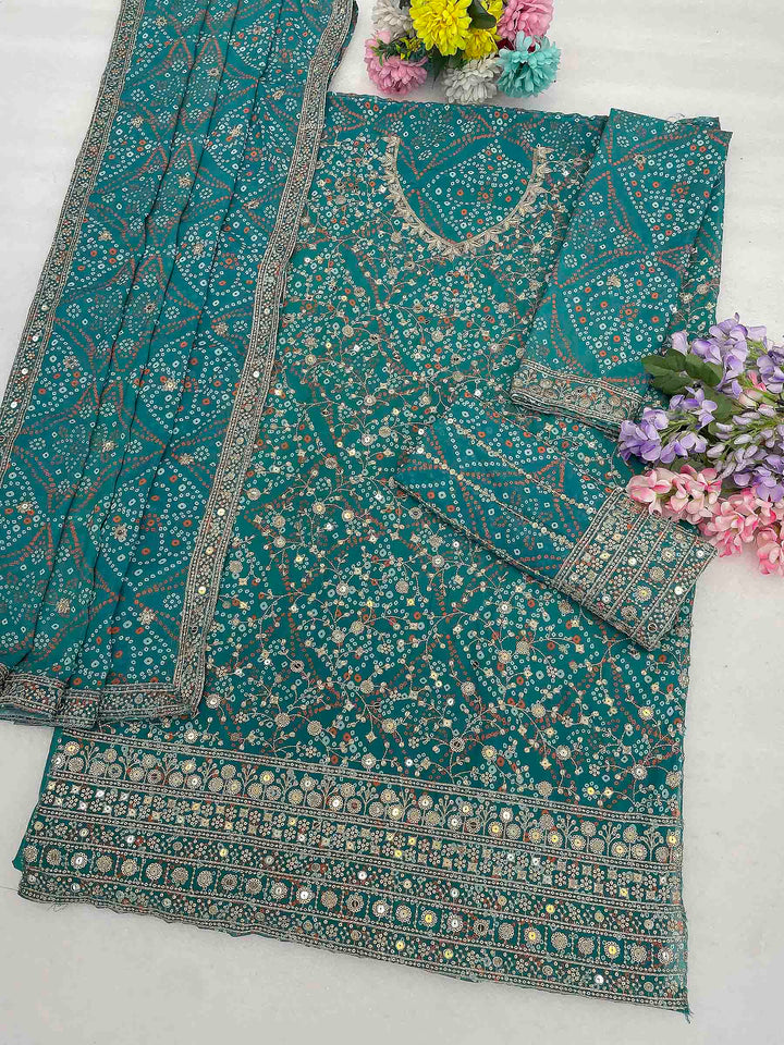 Sea Green Georgette Embroidered Semi Stitched Straight Kurta With Flared Sharara &amp; Dupatta