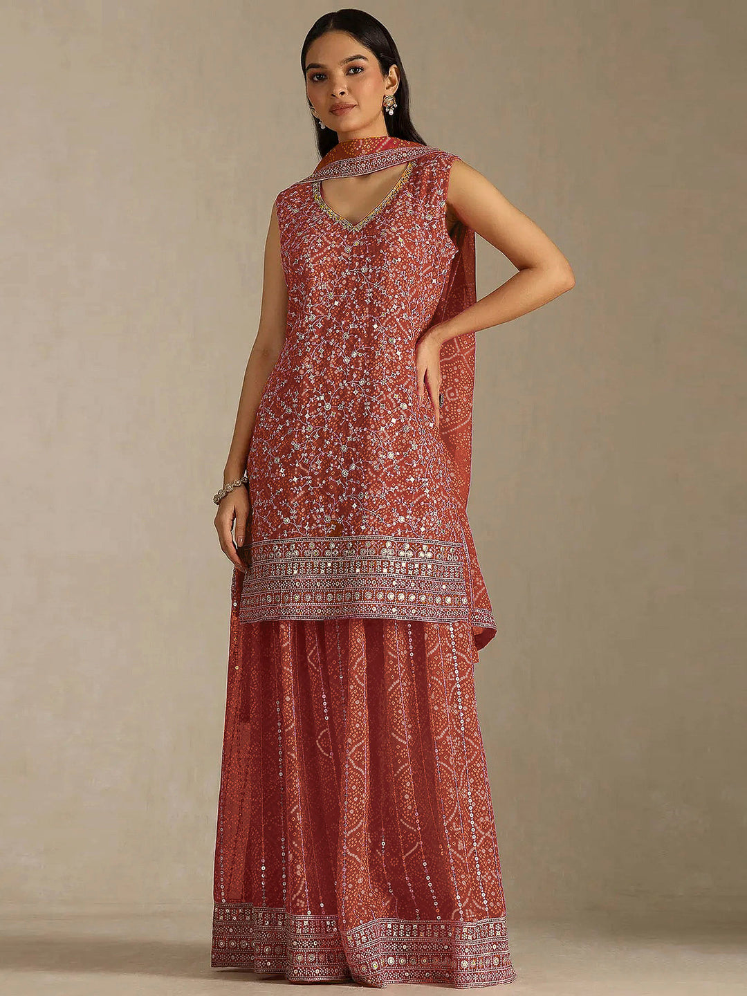 Rust Georgette Embroidered Semi Stitched Straight Kurta With Flared Sharara &amp; Dupatta