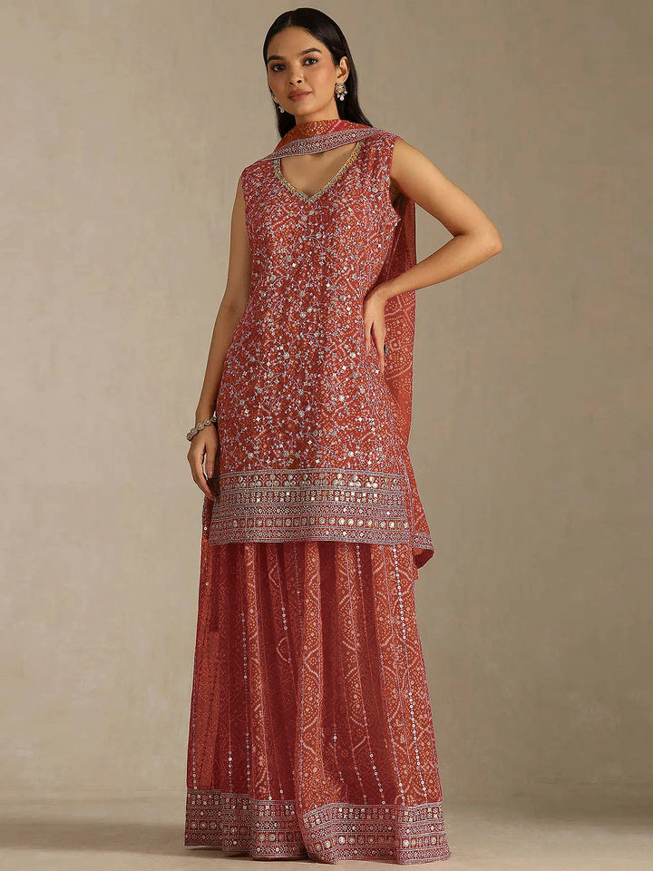 Rust Georgette Embroidered Semi Stitched Straight Kurta With Flared Sharara &amp; Dupatta