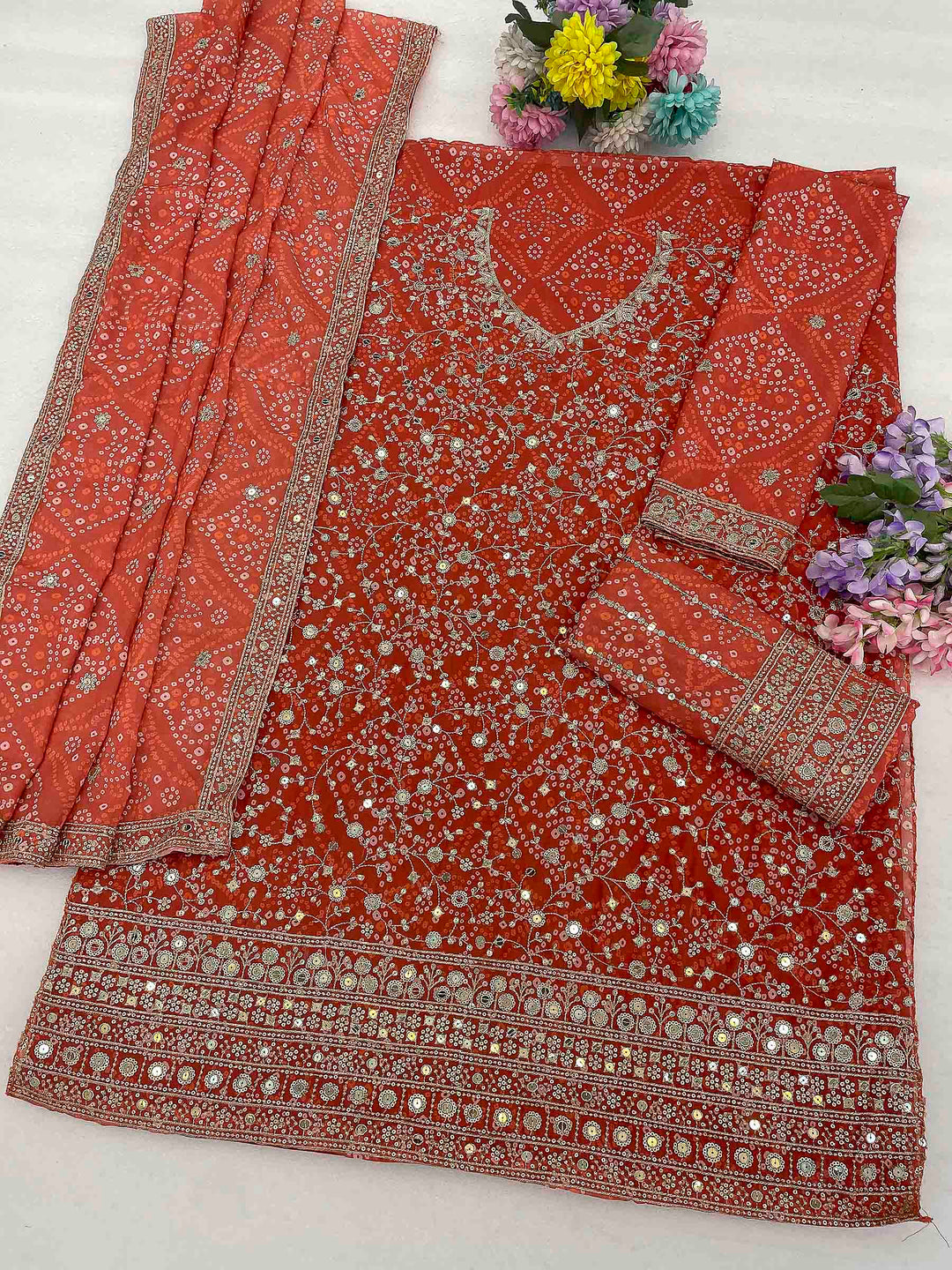 Rust Georgette Embroidered Semi Stitched Straight Kurta With Flared Sharara &amp; Dupatta