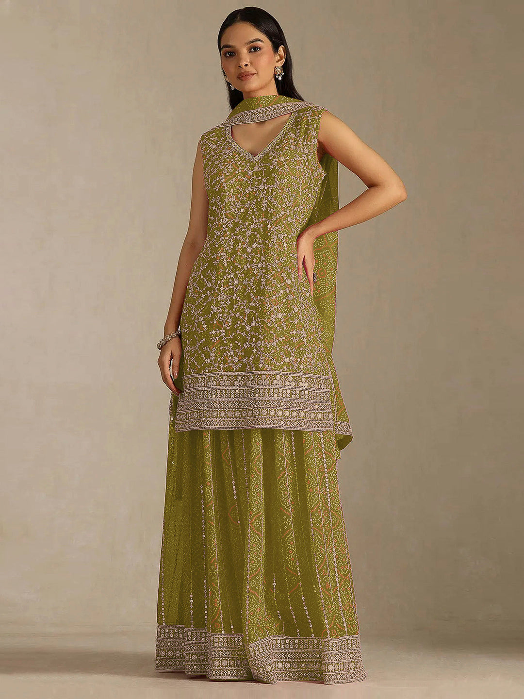 Mehndi Georgette Embroidered Semi Stitched Straight Kurta With Flared Sharara &amp; Dupatta