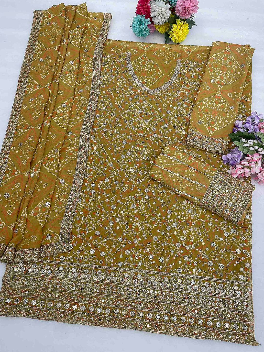 Mehndi Georgette Embroidered Semi Stitched Straight Kurta With Flared Sharara &amp; Dupatta