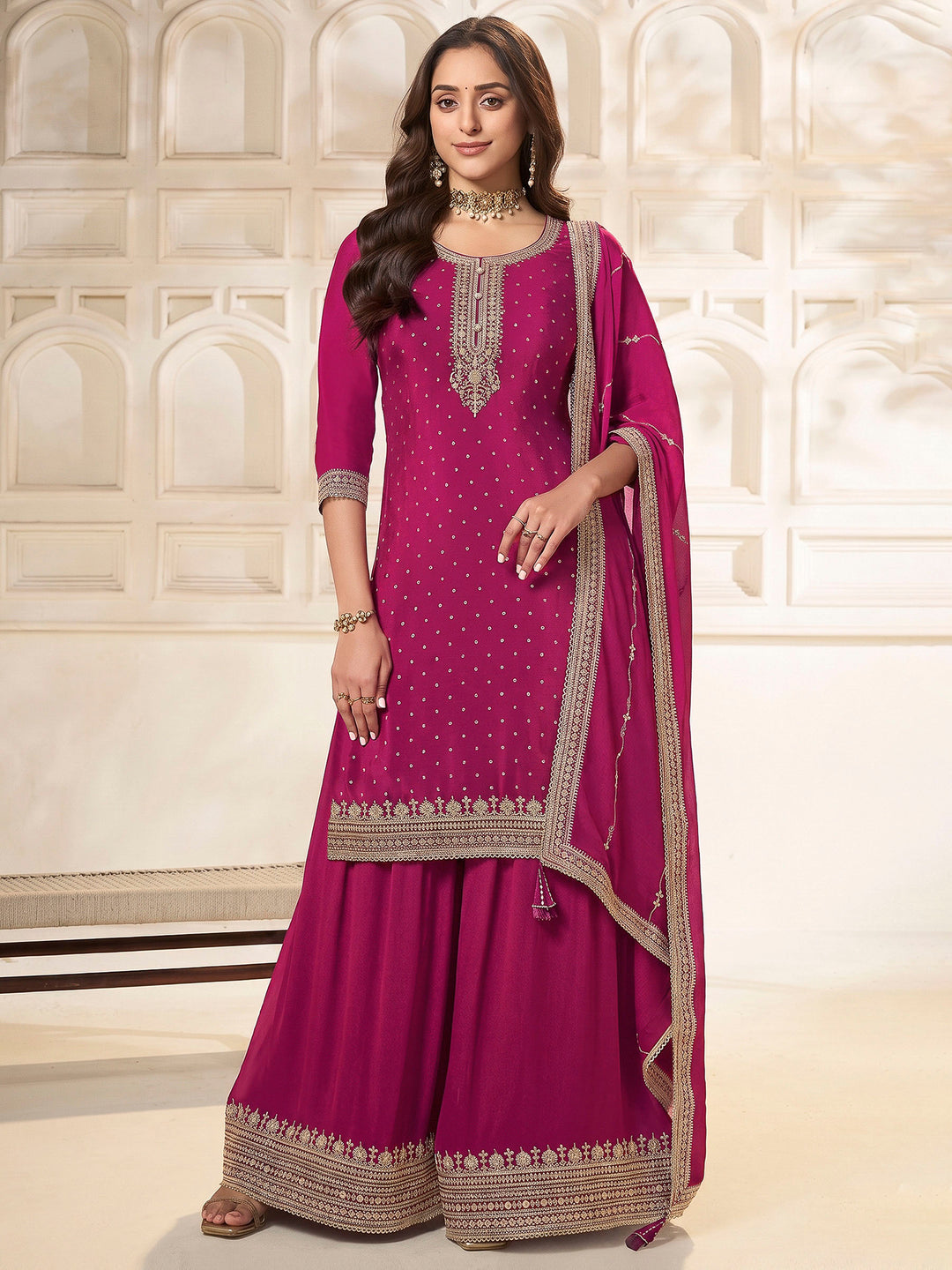 Magenta Chinon Embroidered Semi Stitched Straight Kurta With Flared Sharara &amp; Dupatta