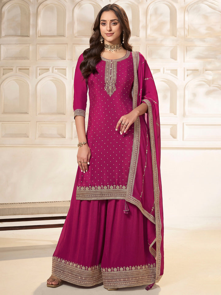 Magenta Chinon Embroidered Semi Stitched Straight Kurta With Flared Sharara &amp; Dupatta