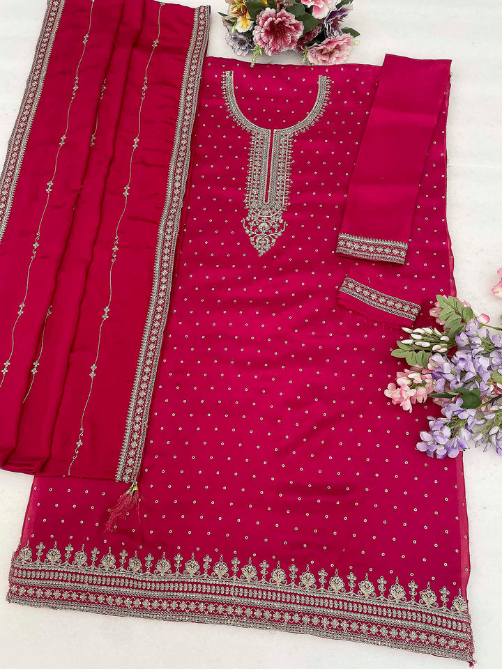 Magenta Chinon Embroidered Semi Stitched Straight Kurta With Flared Sharara &amp; Dupatta