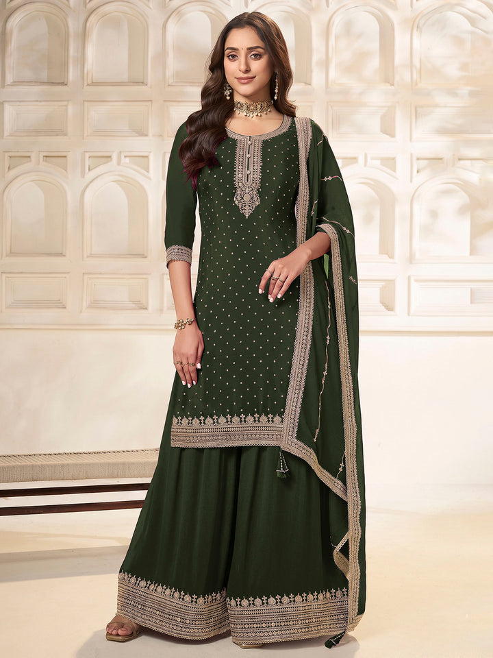Bottle Green Chinon Embroidered Semi Stitched Straight Kurta With Flared Sharara &amp; Dupatta