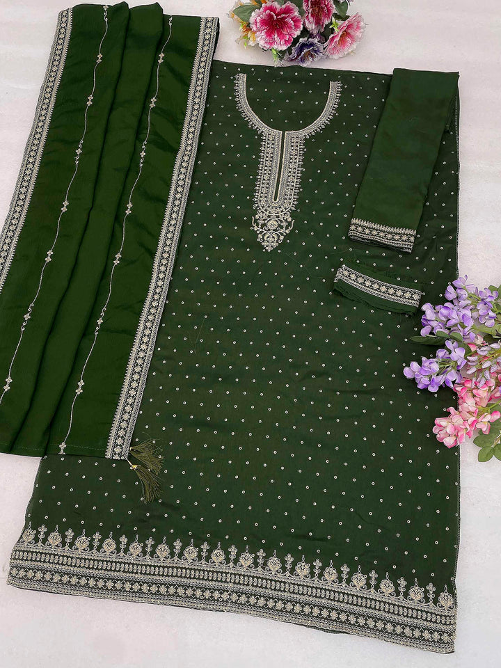 Bottle Green Chinon Embroidered Semi Stitched Straight Kurta With Flared Sharara &amp; Dupatta
