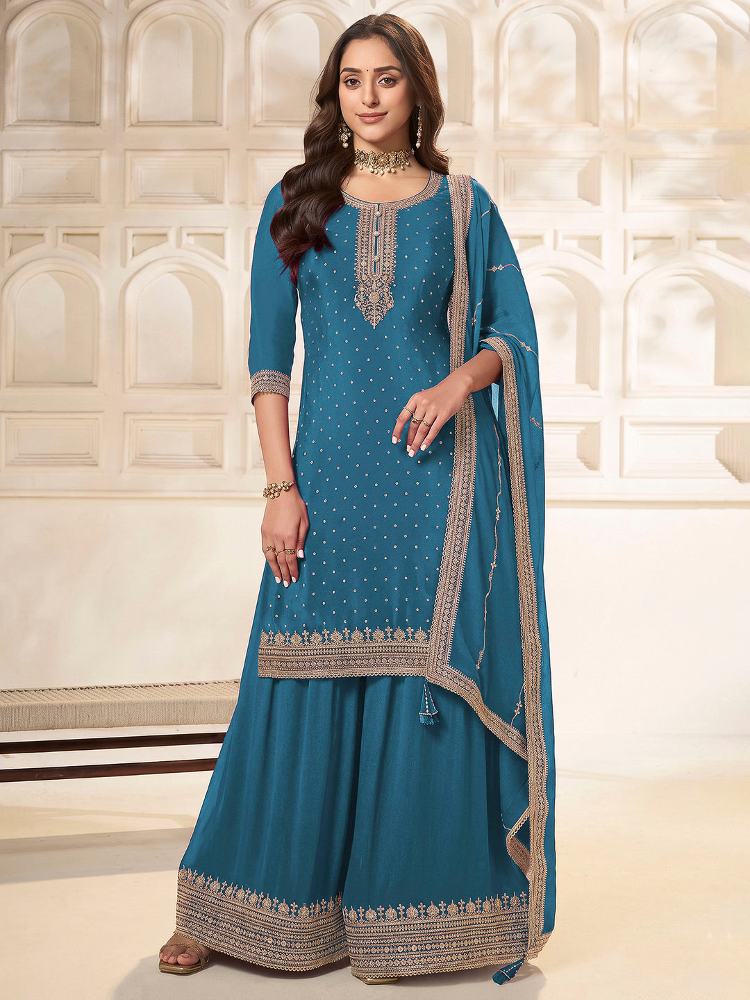 Peacock Blue Chinon Embroidered Semi Stitched Straight Kurta With Flared Sharara &amp; Dupatta
