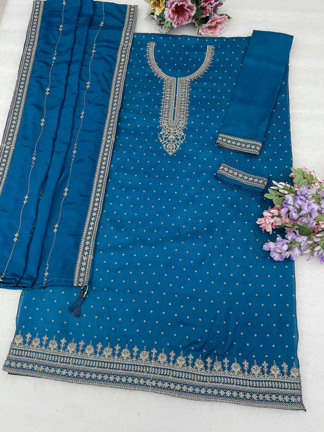 Peacock Blue Chinon Embroidered Semi Stitched Straight Kurta With Flared Sharara &amp; Dupatta