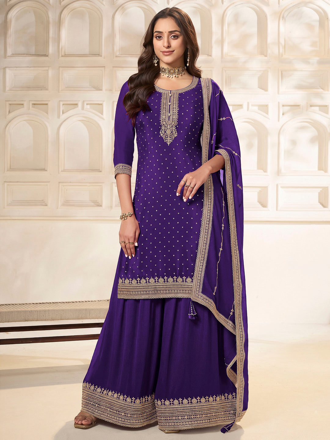 Purple Chinon Embroidered Semi Stitched Straight Kurta With Flared Sharara &amp; Dupatta