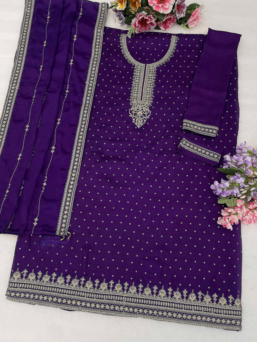 Purple Chinon Embroidered Semi Stitched Straight Kurta With Flared Sharara &amp; Dupatta