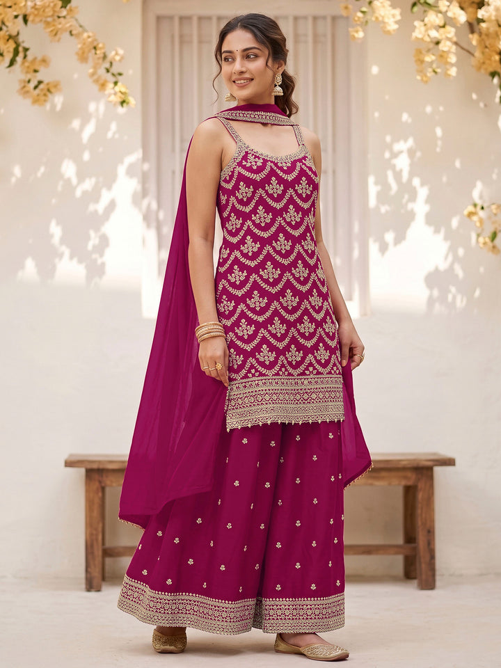Pink Chinon Embroidered Semi Stitched Straight Kurta With Flared Sharara &amp; Dupatta