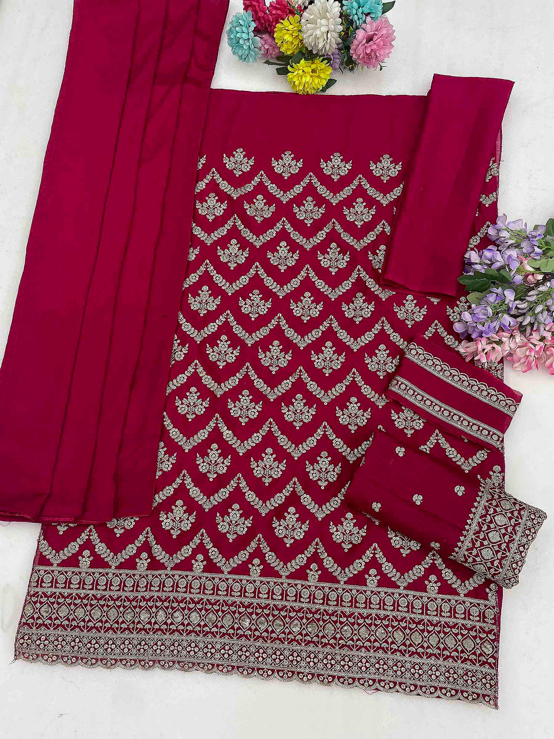 Pink Chinon Embroidered Semi Stitched Straight Kurta With Flared Sharara &amp; Dupatta