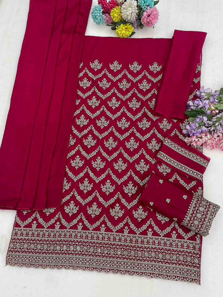 Pink Chinon Embroidered Semi Stitched Straight Kurta With Flared Sharara &amp; Dupatta