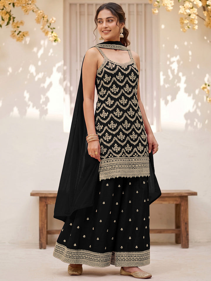 Black Chinon Embroidered Semi Stitched Straight Kurta With Flared Sharara &amp; Dupatta