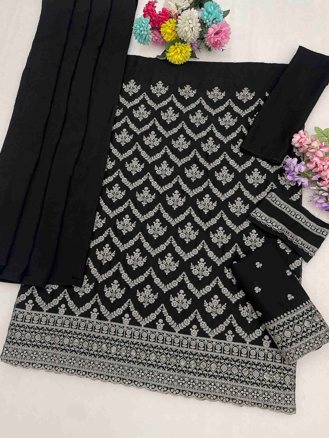 Black Chinon Embroidered Semi Stitched Straight Kurta With Flared Sharara &amp; Dupatta