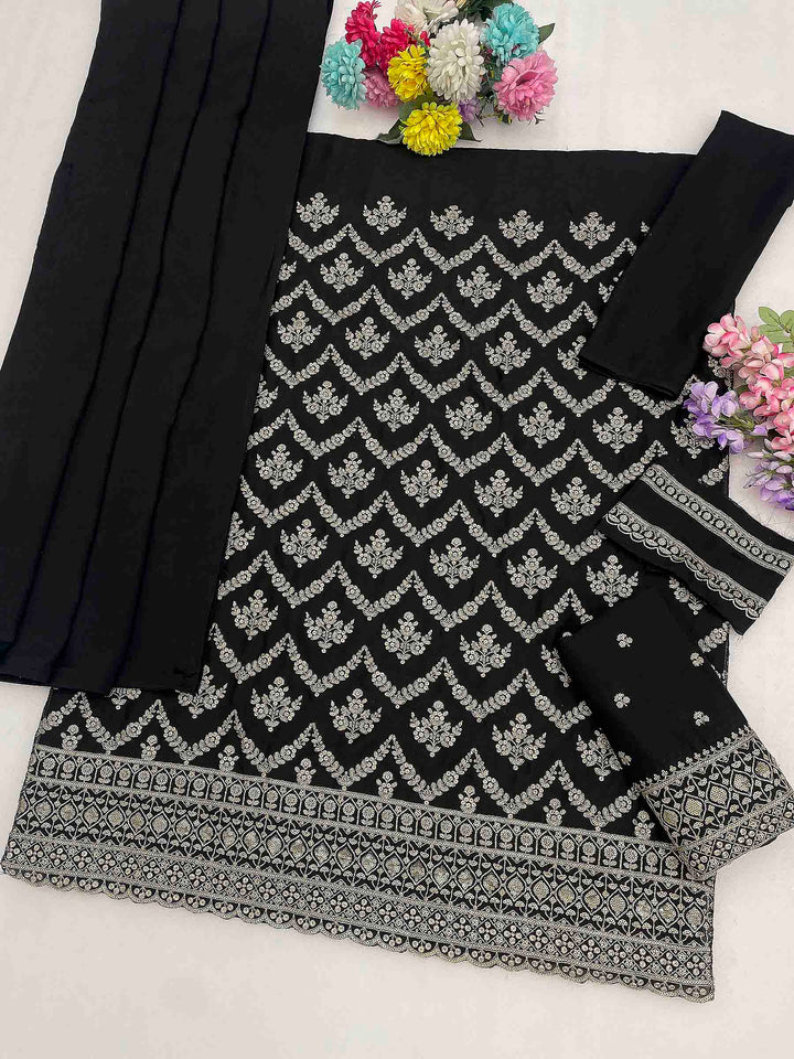 Black Chinon Embroidered Semi Stitched Straight Kurta With Flared Sharara &amp; Dupatta