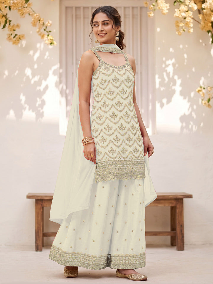 White Chinon Embroidered Semi Stitched Straight Kurta With Flared Sharara &amp; Dupatta