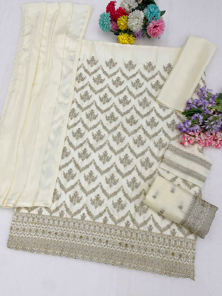 White Chinon Embroidered Semi Stitched Straight Kurta With Flared Sharara &amp; Dupatta