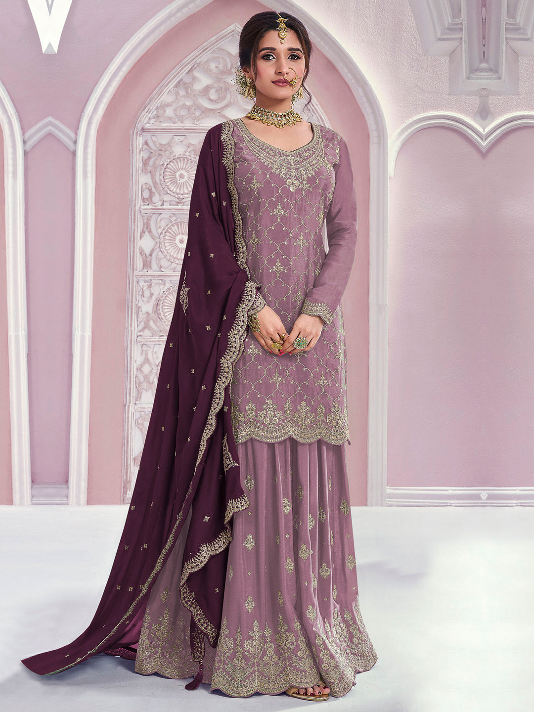 Purple Chinon Embroidered Semi Stitched Straight Kurta With Flared Sharara &amp; Dupatta