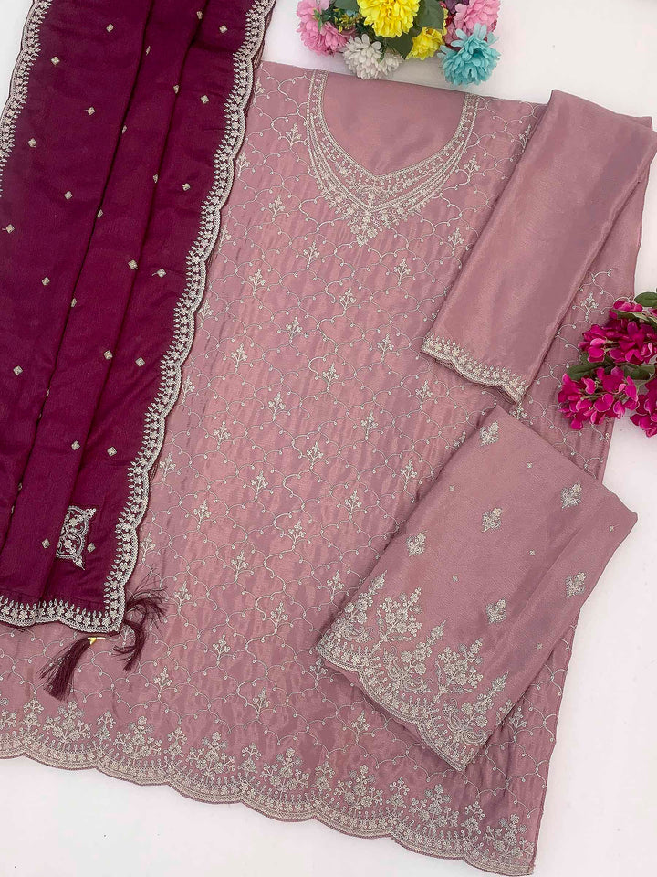 Purple Chinon Embroidered Semi Stitched Straight Kurta With Flared Sharara &amp; Dupatta