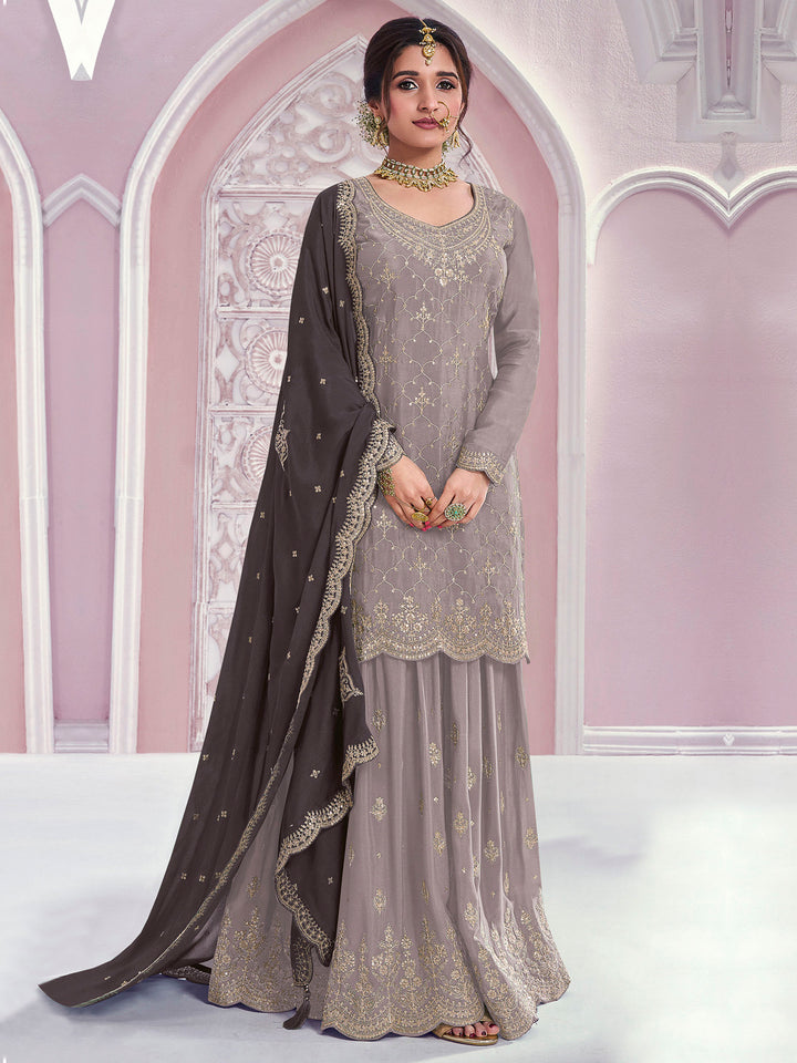 Grey Chinon Embroidered Semi Stitched Straight Kurta With Flared Sharara &amp; Dupatta
