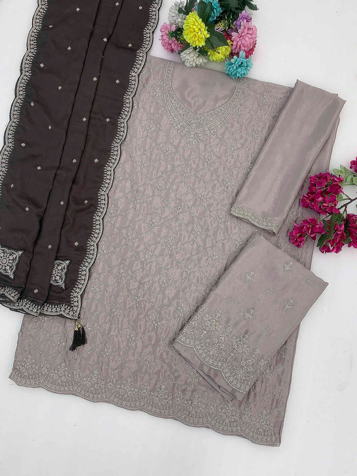 Grey Chinon Embroidered Semi Stitched Straight Kurta With Flared Sharara &amp; Dupatta