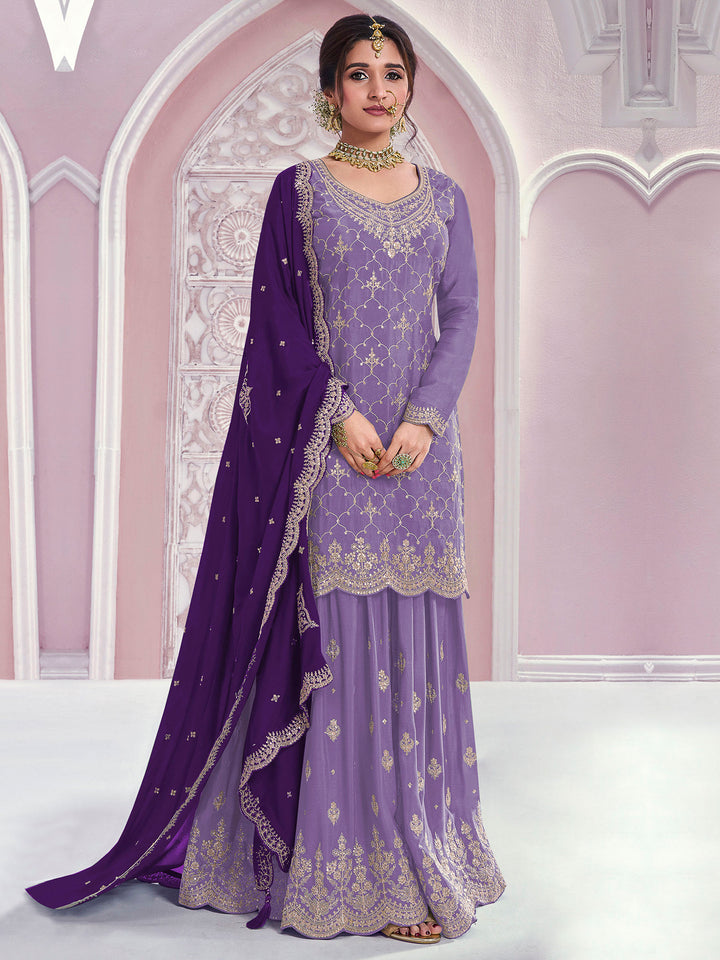 Lavender Chinon Embroidered Semi Stitched Straight Kurta With Flared Sharara &amp; Dupatta
