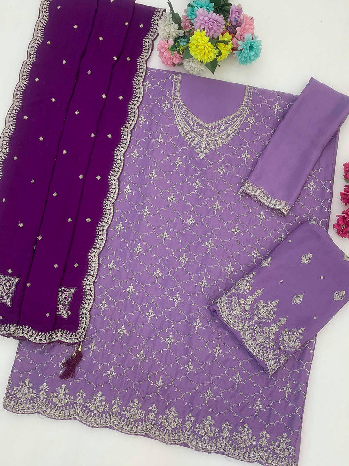 Lavender Chinon Embroidered Semi Stitched Straight Kurta With Flared Sharara &amp; Dupatta