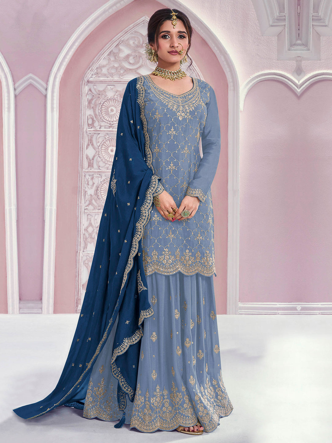 Sky Blue Chinon Embroidered Semi Stitched Straight Kurta With Flared Sharara &amp; Dupatta