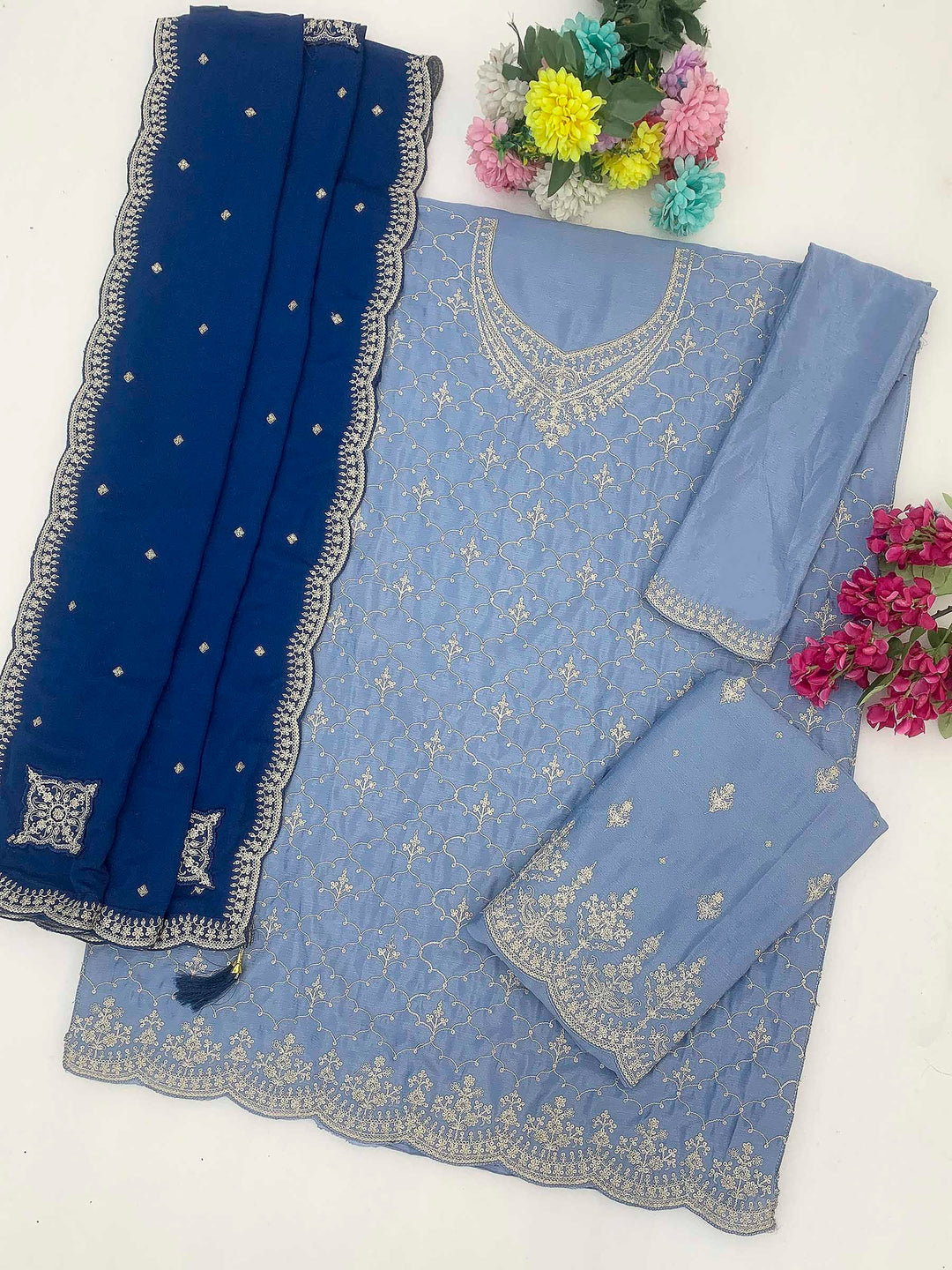 Sky Blue Chinon Embroidered Semi Stitched Straight Kurta With Flared Sharara &amp; Dupatta