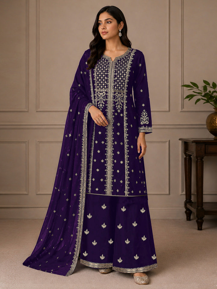 Purple Georgette Embroidered Semi Stitched Straight Kurta With Palazzo &amp; Dupatta