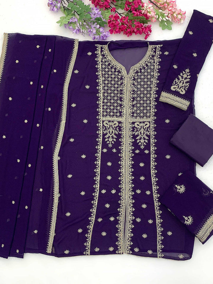 Purple Georgette Embroidered Semi Stitched Straight Kurta With Palazzo &amp; Dupatta