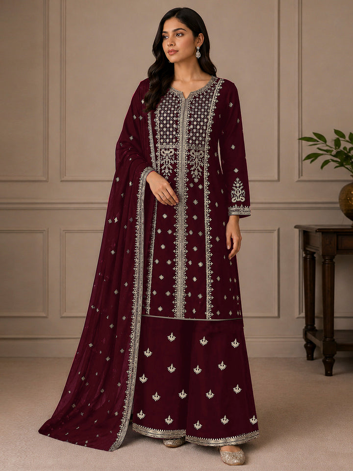 Maroon Georgette Embroidered Semi Stitched Straight Kurta With Palazzo &amp; Dupatta