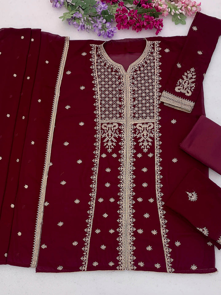 Maroon Georgette Embroidered Semi Stitched Straight Kurta With Palazzo &amp; Dupatta