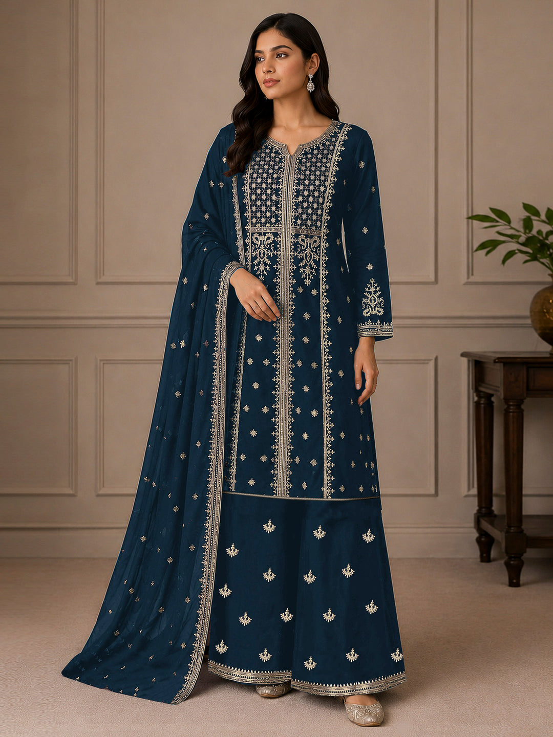 Navy Blue Georgette Embroidered Semi Stitched Straight Kurta With Palazzo &amp; Dupatta