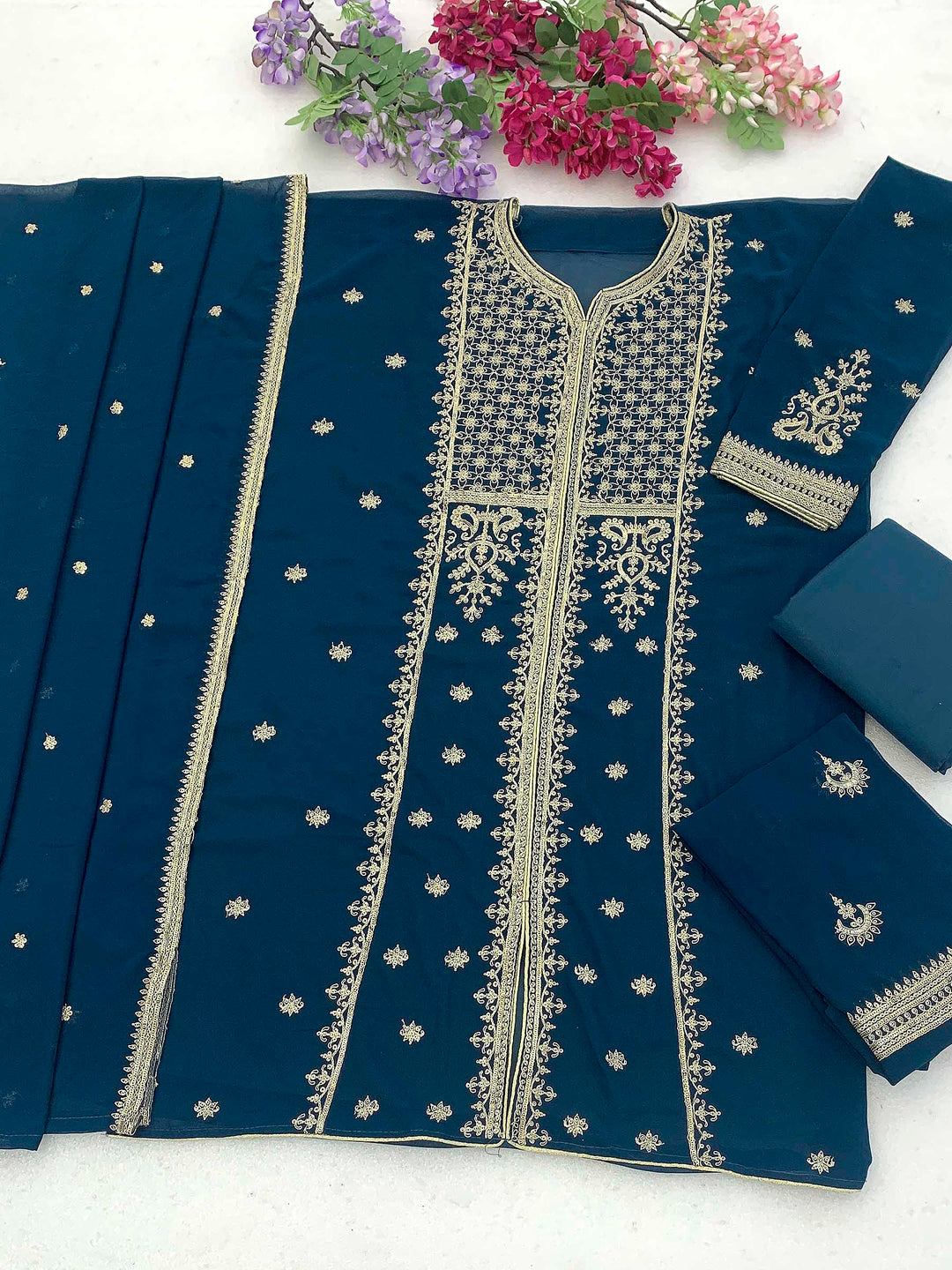 Navy Blue Georgette Embroidered Semi Stitched Straight Kurta With Palazzo &amp; Dupatta