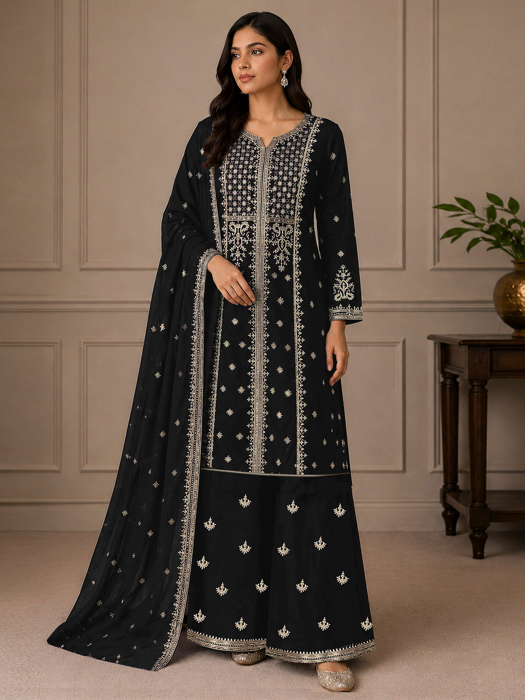 Black Georgette Embroidered Semi Stitched Straight Kurta With Palazzo &amp; Dupatta