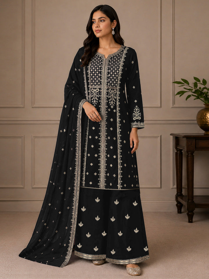 Black Georgette Embroidered Semi Stitched Straight Kurta With Palazzo &amp; Dupatta