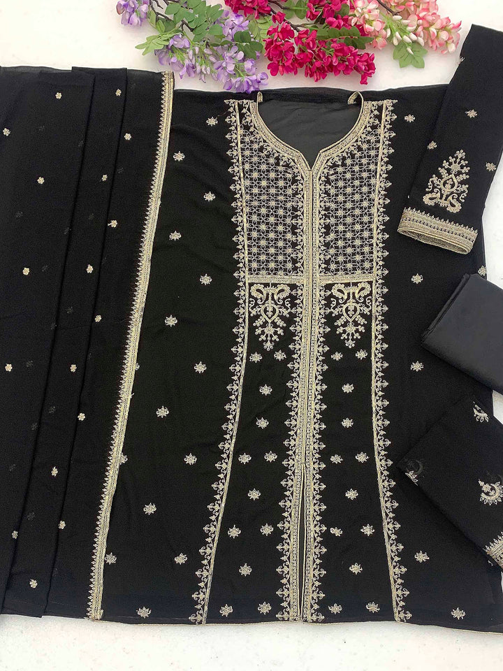 Black Georgette Embroidered Semi Stitched Straight Kurta With Palazzo &amp; Dupatta