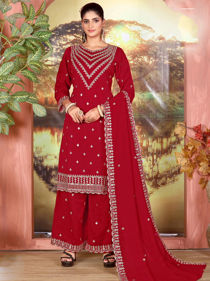 Deep Red Georgette Embroidered Semi Stitched Straight Kurta With Palazzo &amp; Dupatta