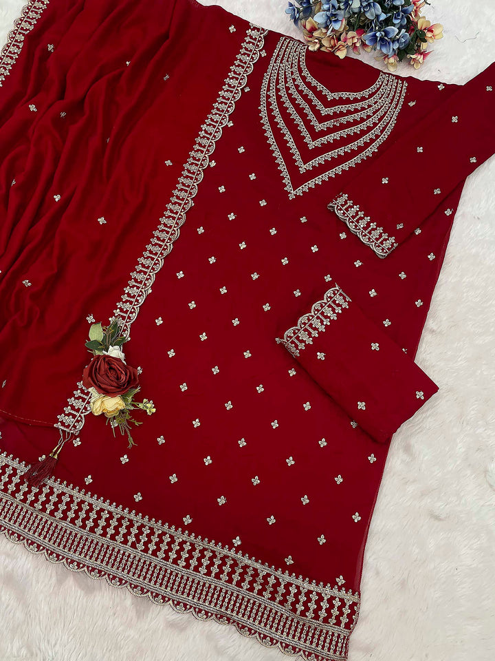 Deep Red Georgette Embroidered Semi Stitched Straight Kurta With Palazzo &amp; Dupatta