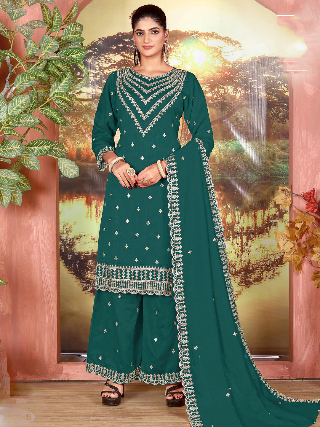 Teal Blue Georgette Embroidered Semi Stitched Straight Kurta With Palazzo &amp; Dupatta