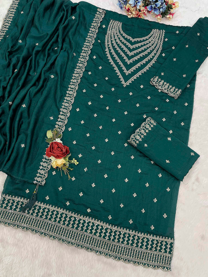 Teal Blue Georgette Embroidered Semi Stitched Straight Kurta With Palazzo &amp; Dupatta