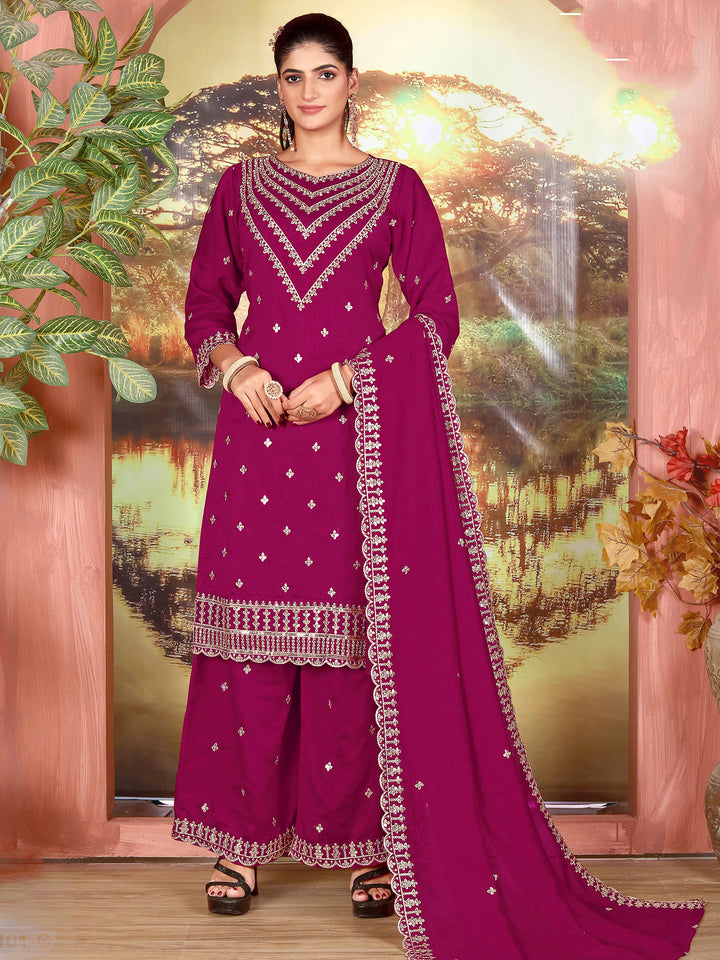 Pink Sht Georgette Embroidered Semi Stitched Straight Kurta With Palazzo &amp; Dupatta